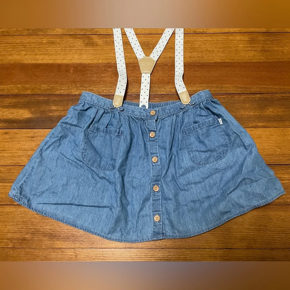 OshKosh B'gosh Blue Denim Skirt with White Polka Dot Suspenders Size 5T